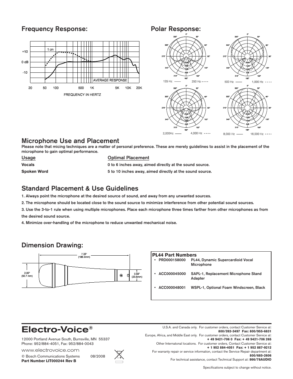 Electro-voice, Standard placement & use guidelines | Electro-Voice PL44 User Manual | Page 2 / 2