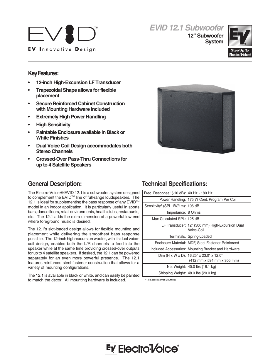 Electro-Voice 12" Subwoofer System EVID 12.1. User Manual | 2 pages