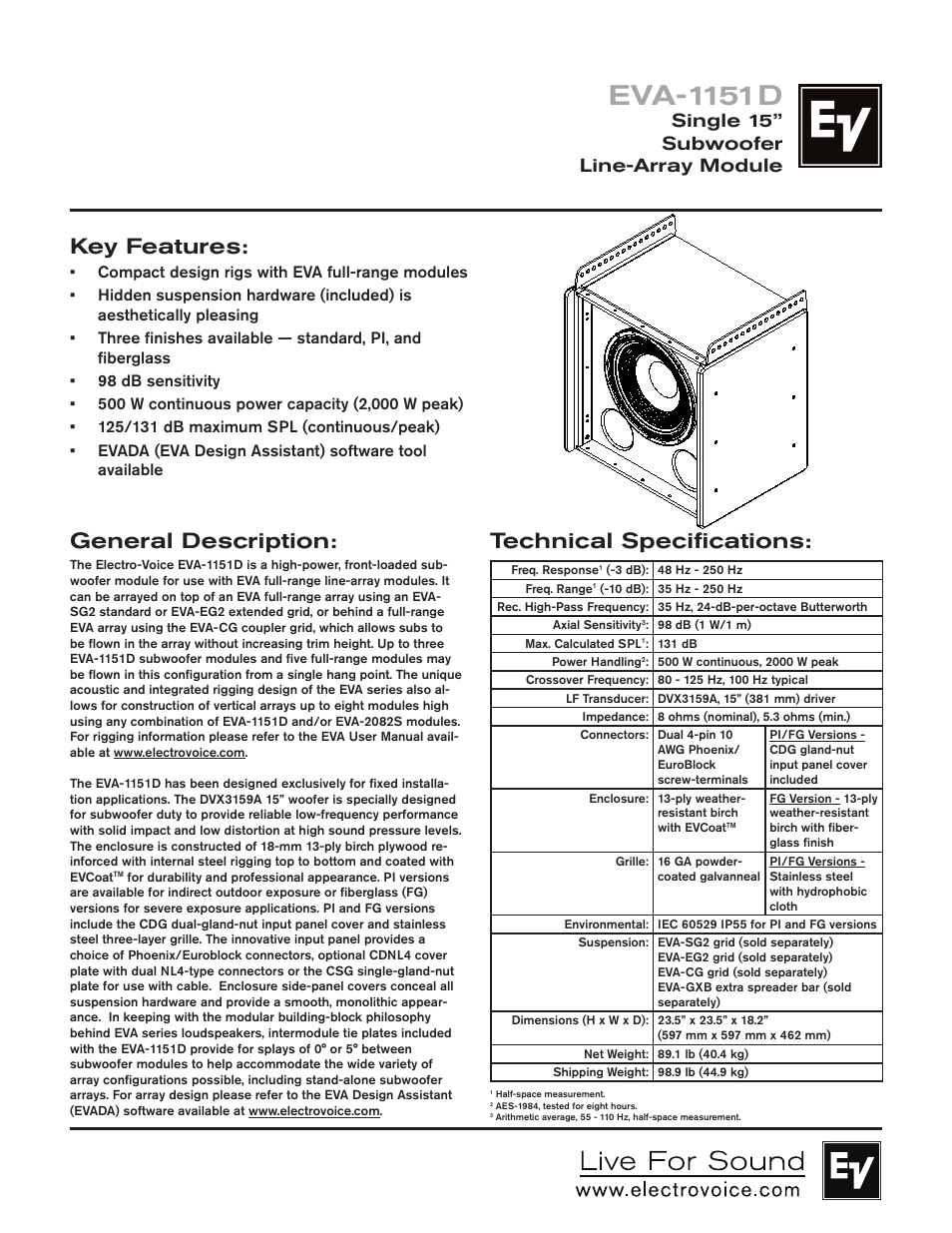 Electro-Voice EVA-1151D User Manual | 2 pages