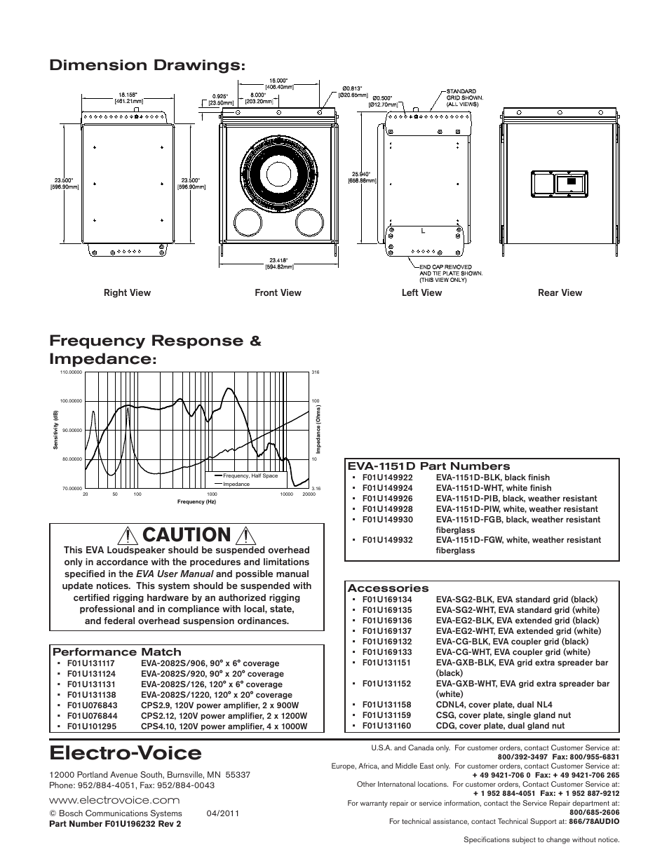 Electro-voice, Caution, Dimension drawings | Frequency response & impedance | Electro-Voice EVA-1151D User Manual | Page 2 / 2