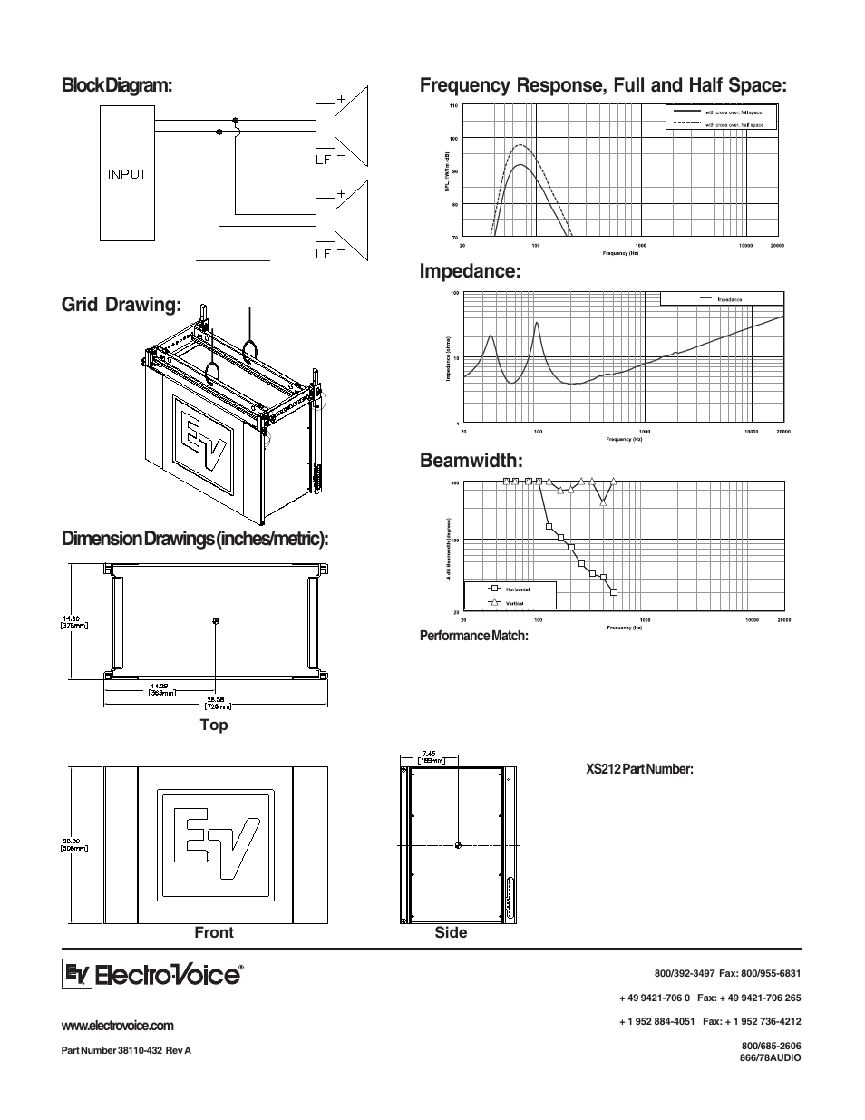 Block diagram: dimension drawings (inches/metric), Impedance, Frequency response, full and half space: beamwidth | Grid drawing, Side front top | Electro-Voice XS212 User Manual | Page 2 / 2