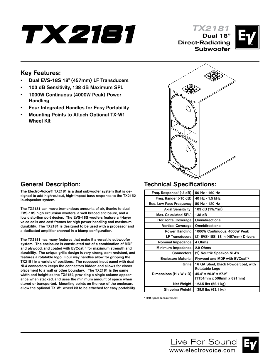 Electro-Voice Dual 18" Direct-Radiating Subwoofer TX2181 User Manual | 2 pages
