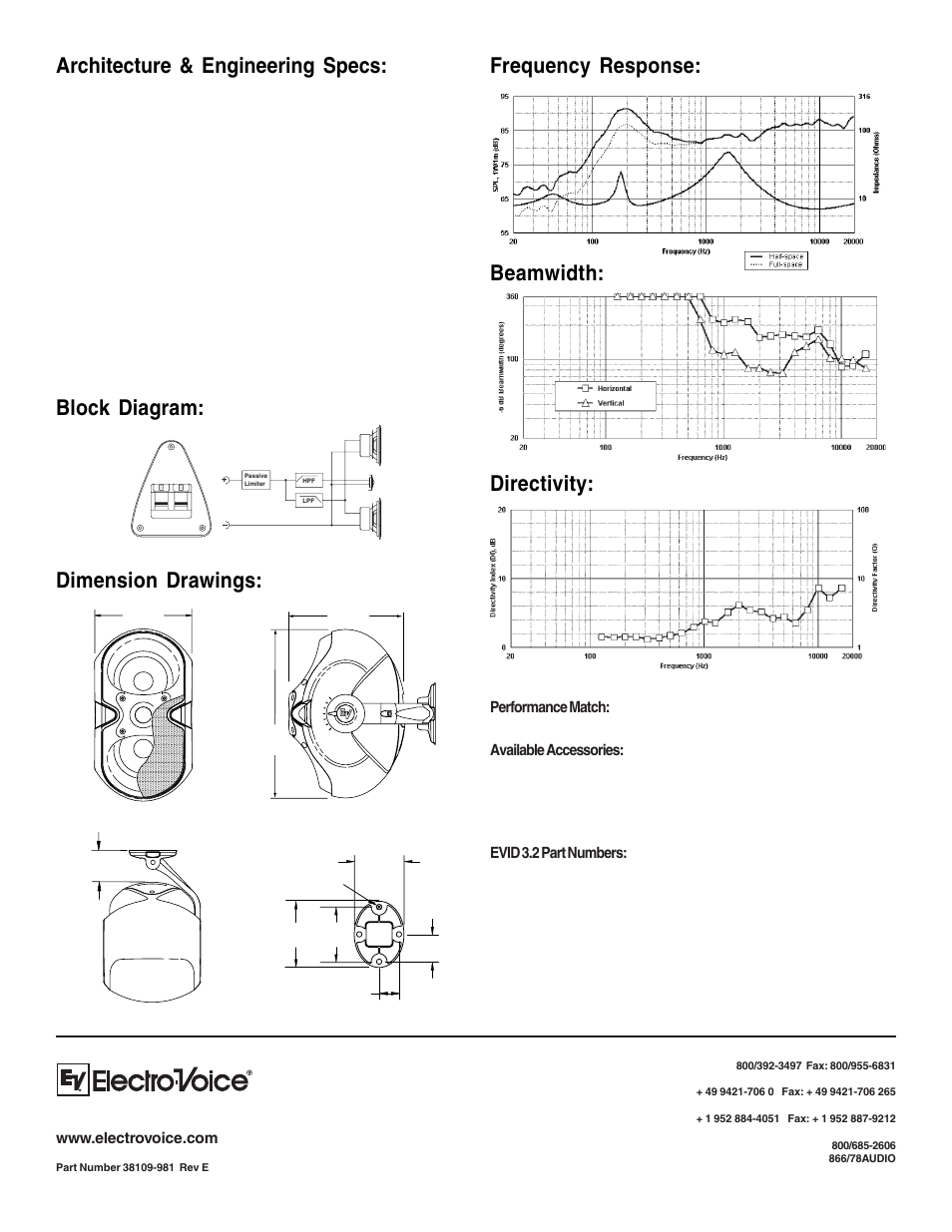 Architecture & engineering specs, Beamwidth: frequency response: directivity, Block diagram | Dimension drawings | Electro-Voice Very Compact Full-Range Speaker 3.2 User Manual | Page 2 / 2