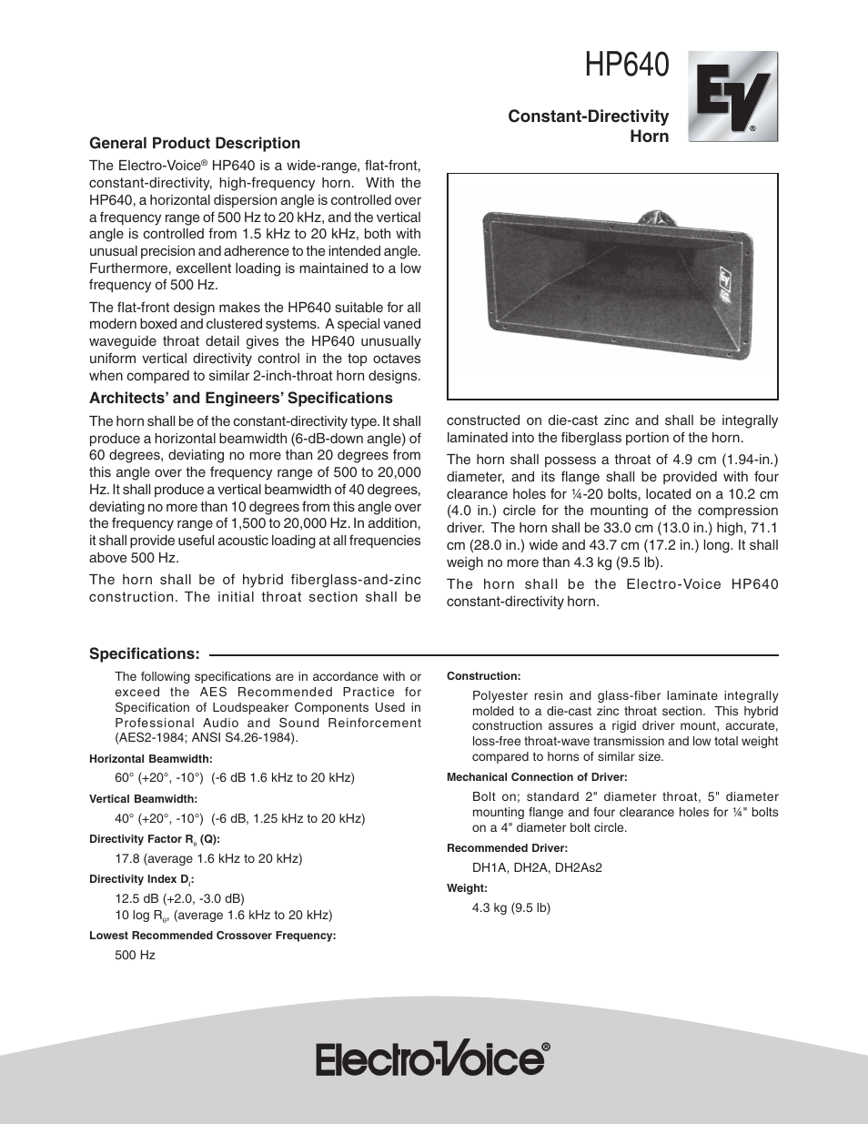 Electro-Voice Constant-Directivity Horn HP640 User Manual | 2 pages