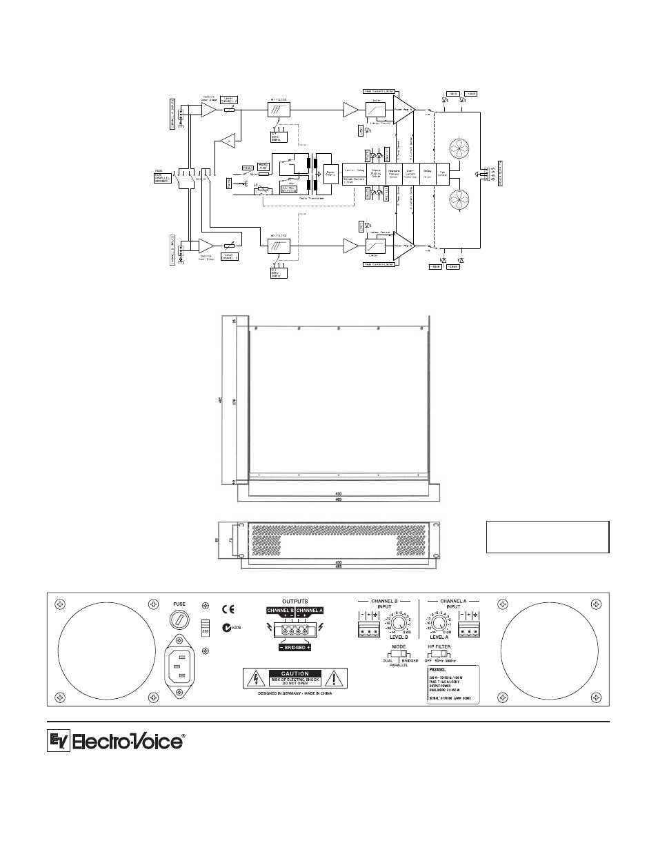 Block diagram: dimension drawings: rear view | Electro-Voice Two-Channel Power Amplifier PA2450 User Manual | Page 2 / 2