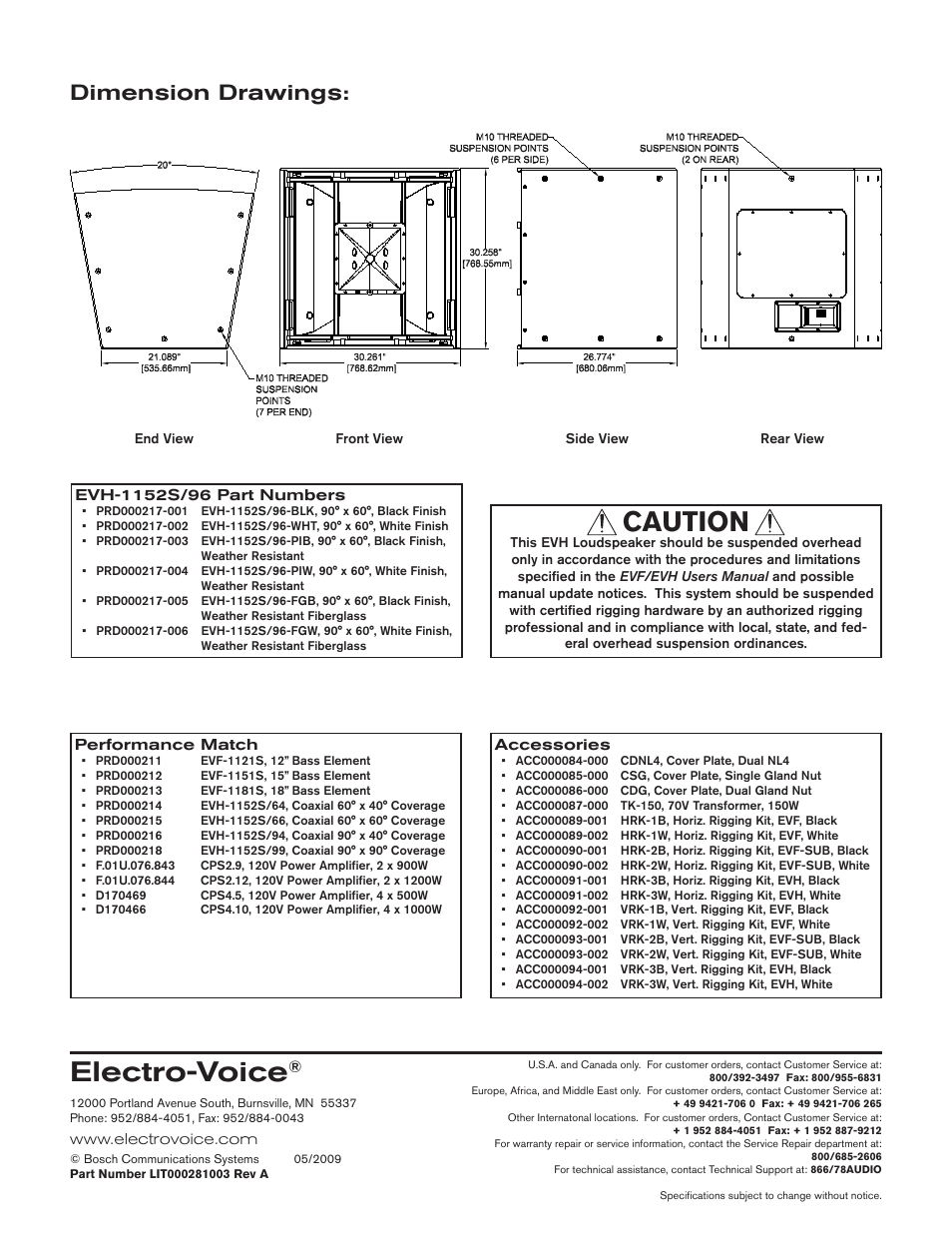 Electro-voice, Caution, Dimension drawings | Electro-Voice EVH-1152S/96 User Manual | Page 4 / 4
