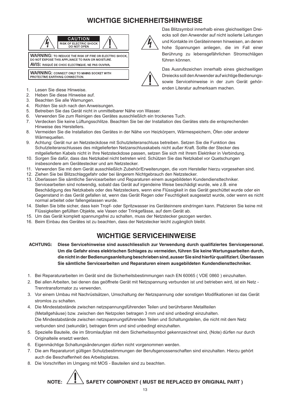 Wichtige sicherheitshinweise, Wichtige servicehinweise | Electro-Voice CP3000S User Manual | Page 13 / 36