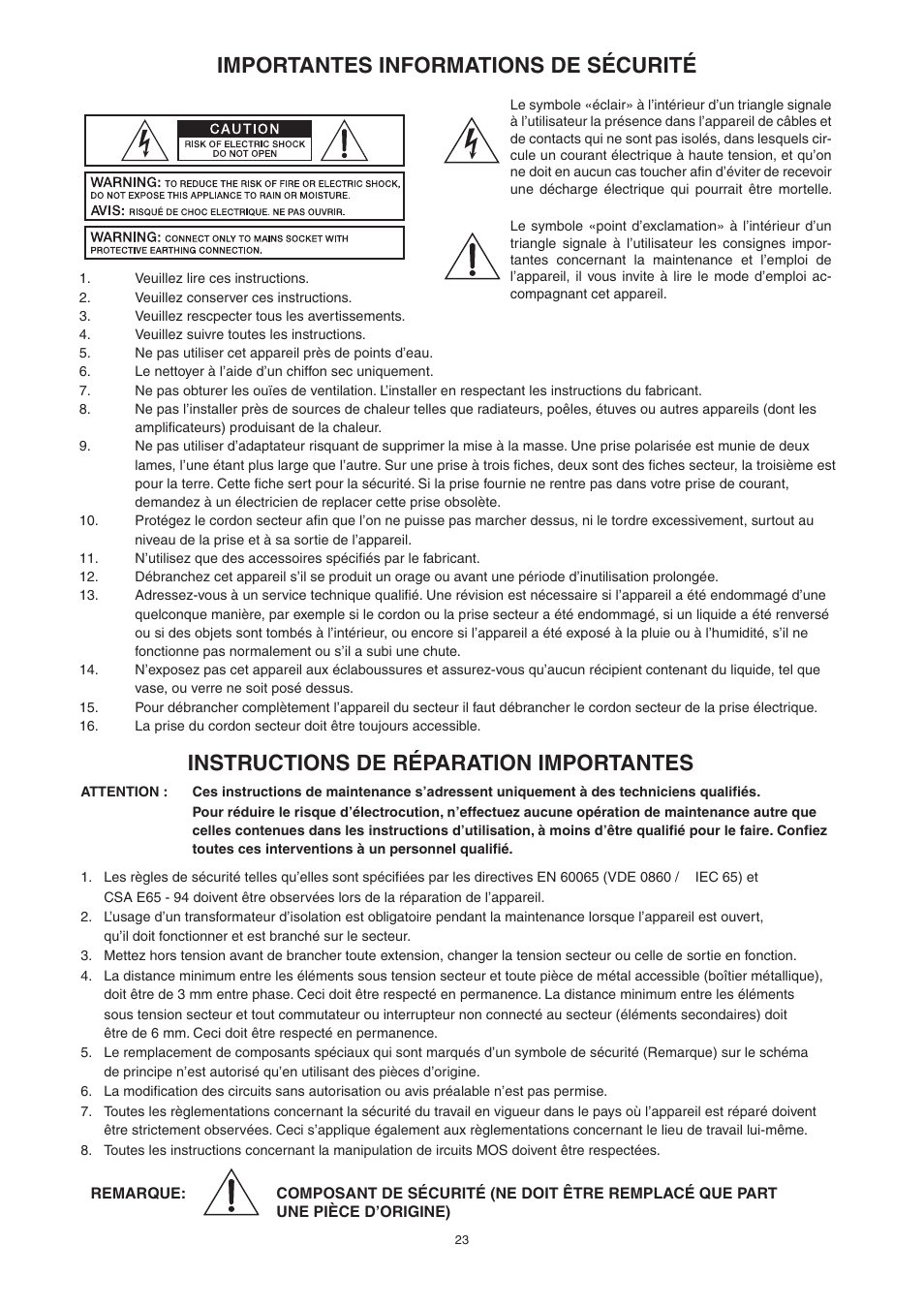 Importantes informations de sécurité, Instructions de réparation importantes | Electro-Voice CP3000S User Manual | Page 23 / 36