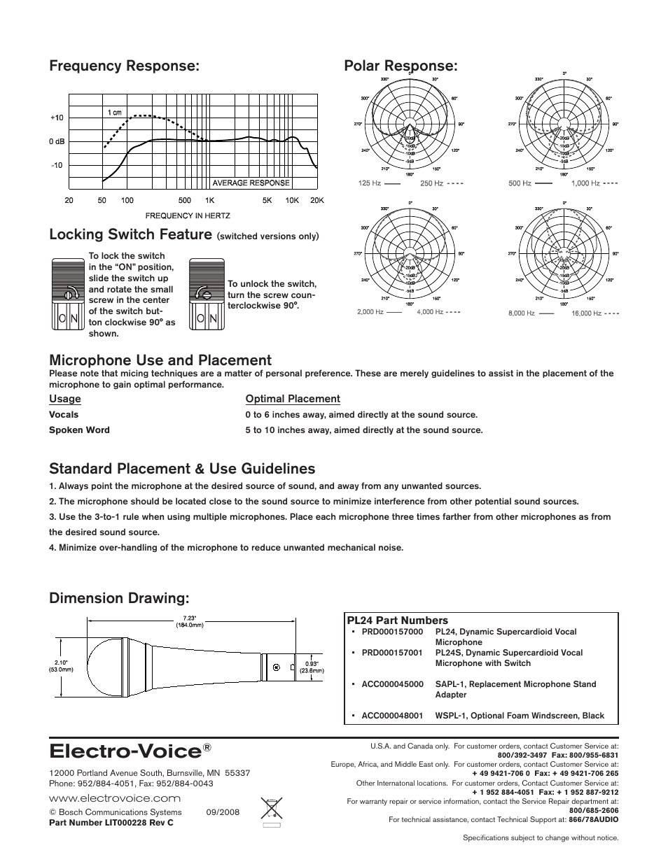 Electro-voice, Standard placement & use guidelines, Locking switch feature | Electro-Voice PL24 User Manual | Page 2 / 2