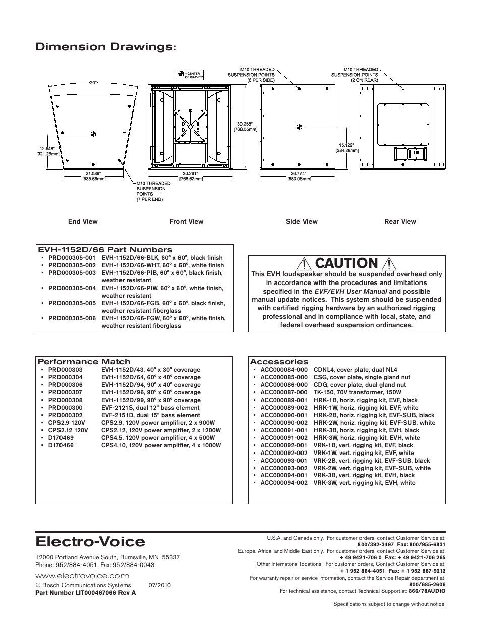 Electro-voice, Caution, Dimension drawings | Electro-Voice EVH-1152D/66 User Manual | Page 4 / 4