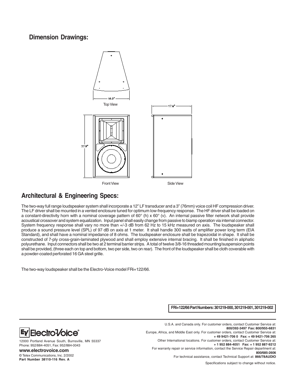 Architectural & engineering specs, Dimension drawings | Electro-Voice FRi+122/66 User Manual | Page 4 / 4