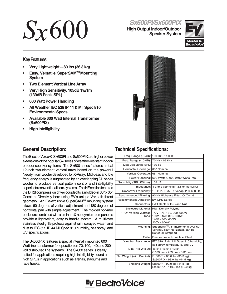 Electro-Voice Sx600PI User Manual | 2 pages