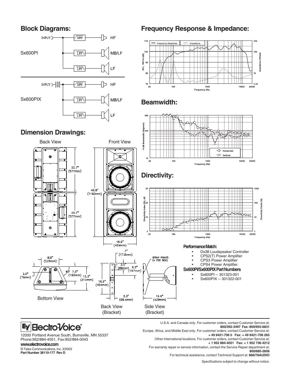 Frequency response & impedance: beamwidth, Dimension drawings: block diagrams: directivity | Electro-Voice Sx600PI User Manual | Page 2 / 2