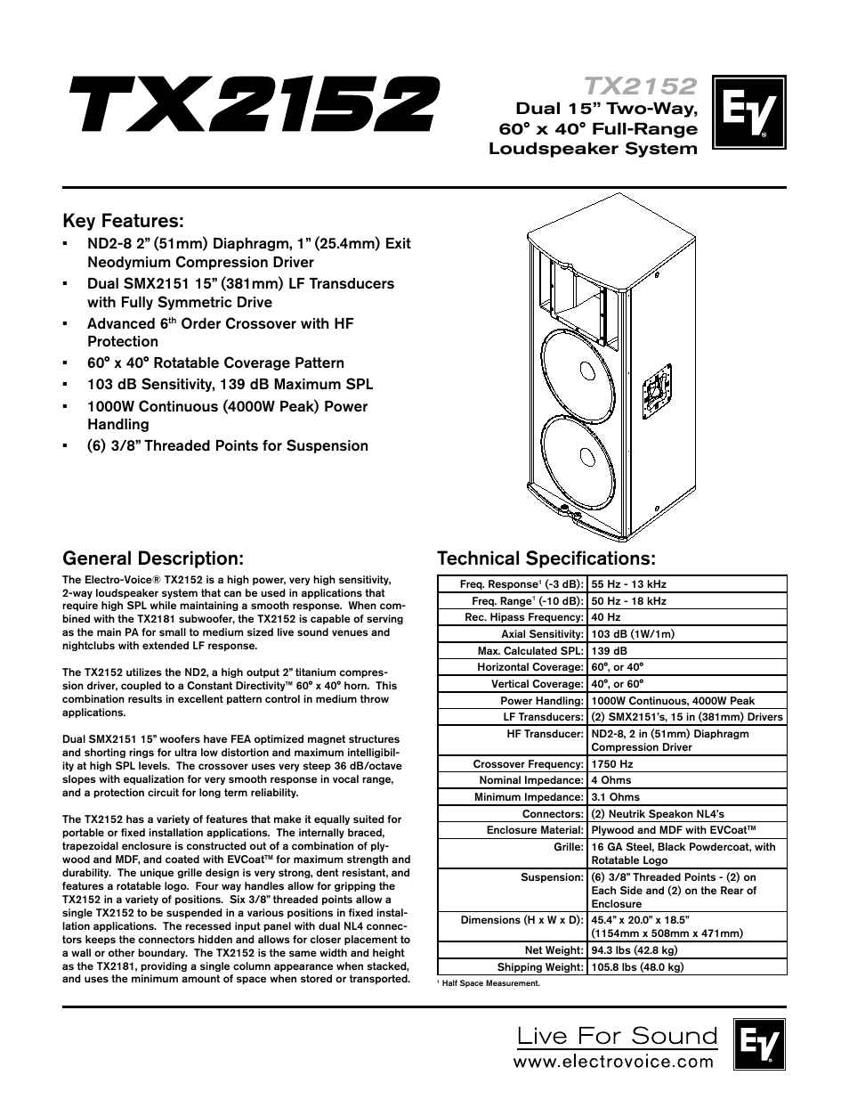 Electro-Voice TX2152 User Manual | 2 pages