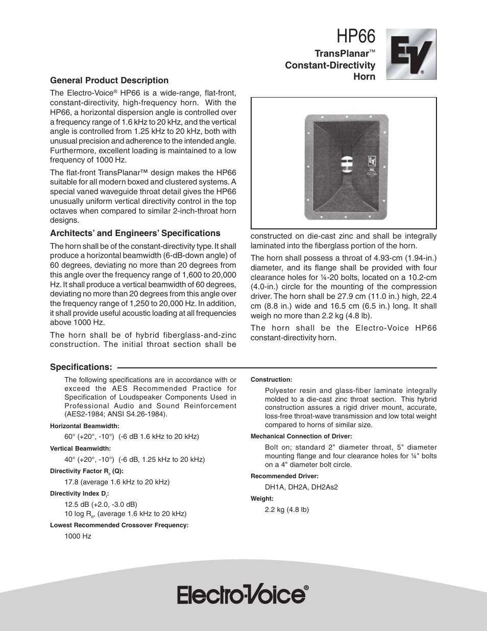 Electro-Voice Constant-Directivity Horn HP66 User Manual | 2 pages