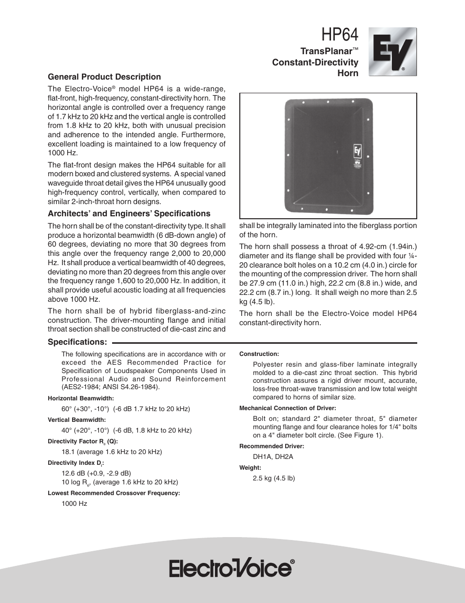 Electro-Voice TransPlanar Constant-Directivity Horn HP64 User Manual | 2 pages