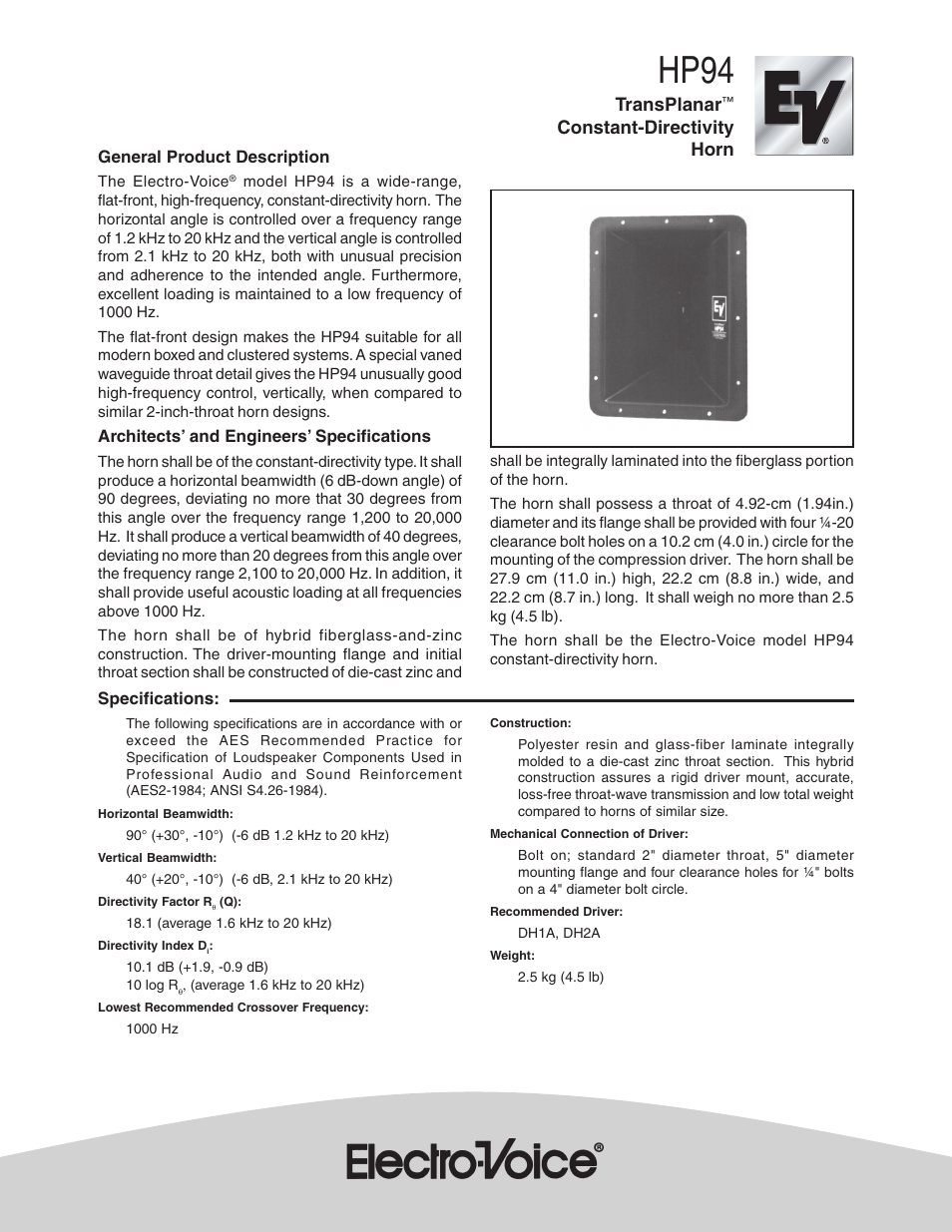 Electro-Voice TransPlanar Constant-Directivity Horn HP94 User Manual | 2 pages