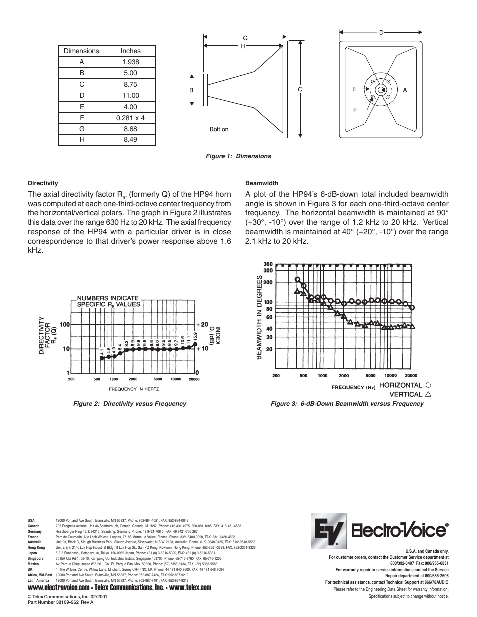 Electro-Voice TransPlanar Constant-Directivity Horn HP94 User Manual | Page 2 / 2