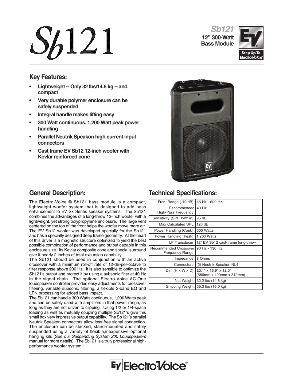 Electro-Voice SB121 User Manual | 2 pages