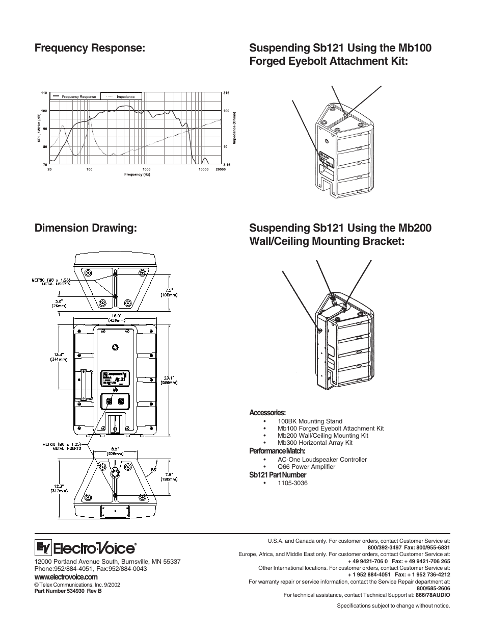 Dimension drawing: frequency response | Electro-Voice SB121 User Manual | Page 2 / 2