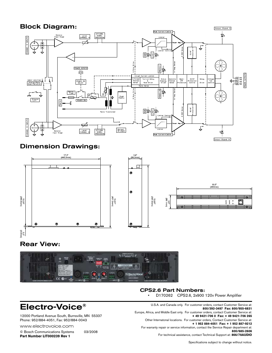 Electro-voice, Block diagram: dimension drawings, Rear view | Electro-Voice High-Efficient User Manual | Page 2 / 2