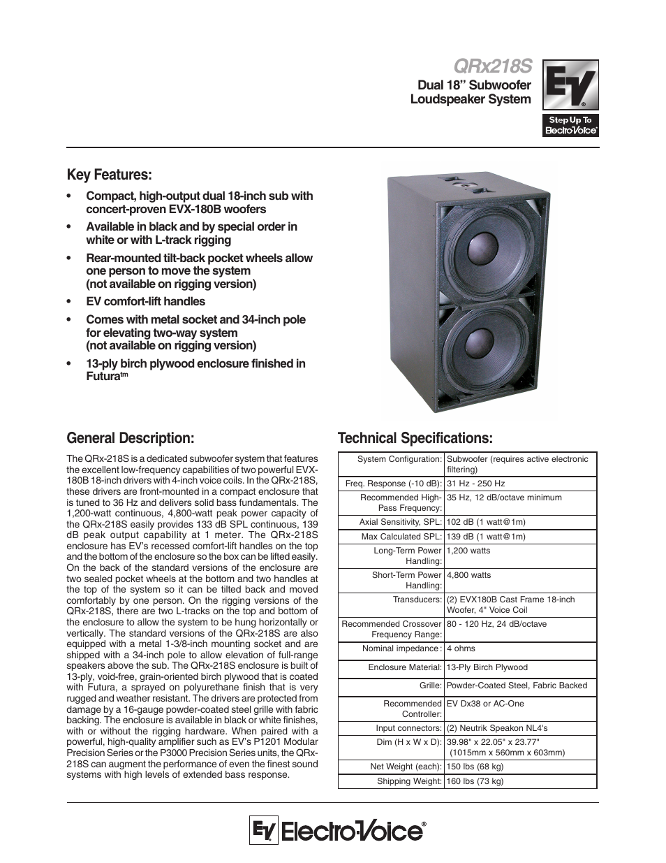 Electro-Voice QRx 218S User Manual | 2 pages