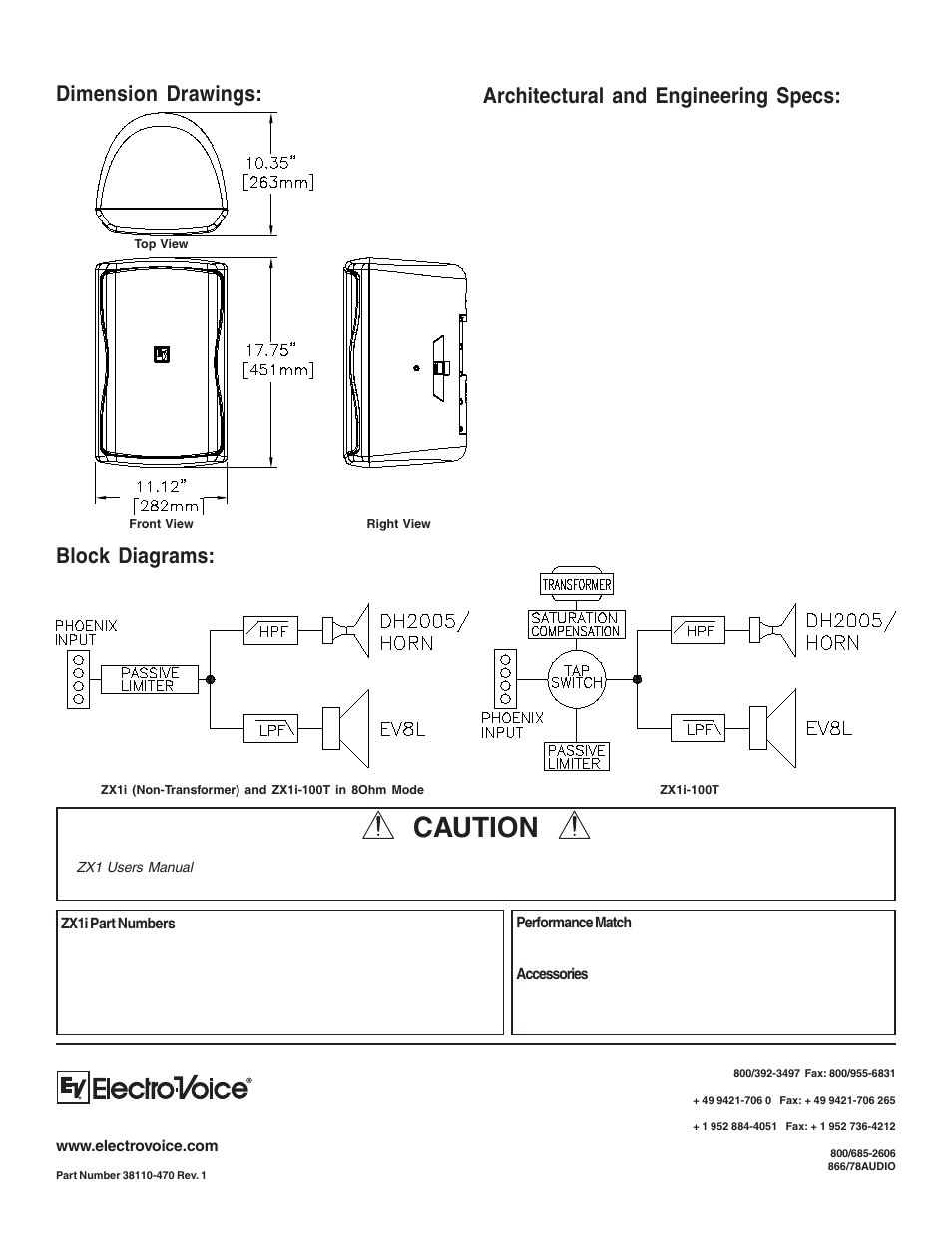 Caution, Dimension drawings | Electro-Voice ZX1iSeries User Manual | Page 4 / 4
