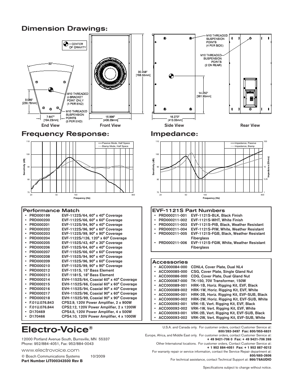 Electro-voice, Dimension drawings, Frequency response: impedance | Accessories, Evf-1121s part numbers, Performance match | Electro-Voice EVF-1121S-FG User Manual | Page 2 / 2