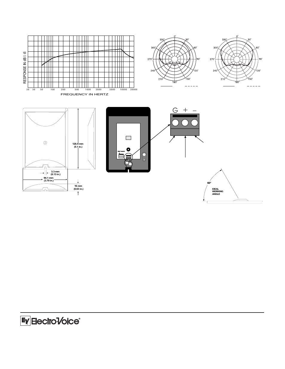 Frequency response, Polar response: dimensions, Wiring diagram: ideal working angle | Installation and operation, Architects’ and engineers’ specifications | Electro-Voice RE90B/BW User Manual | Page 2 / 2