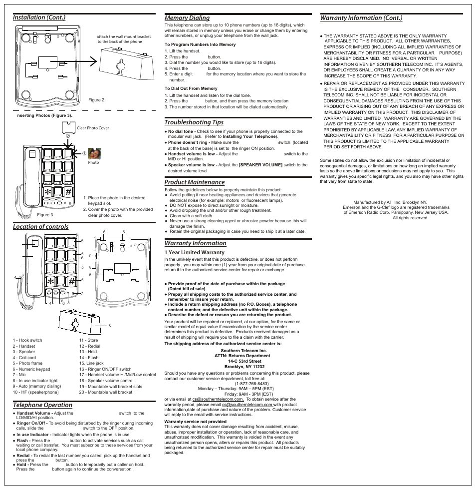 Em-301_side 2, Mic hf redial flash auto store hold, Warranty information (cont.) | Warranty information product maintenance, Troubleshooting tips, Telephone operation, Location of controls, Installation (cont.) | Emerson EM301 User Manual | Page 2 / 2