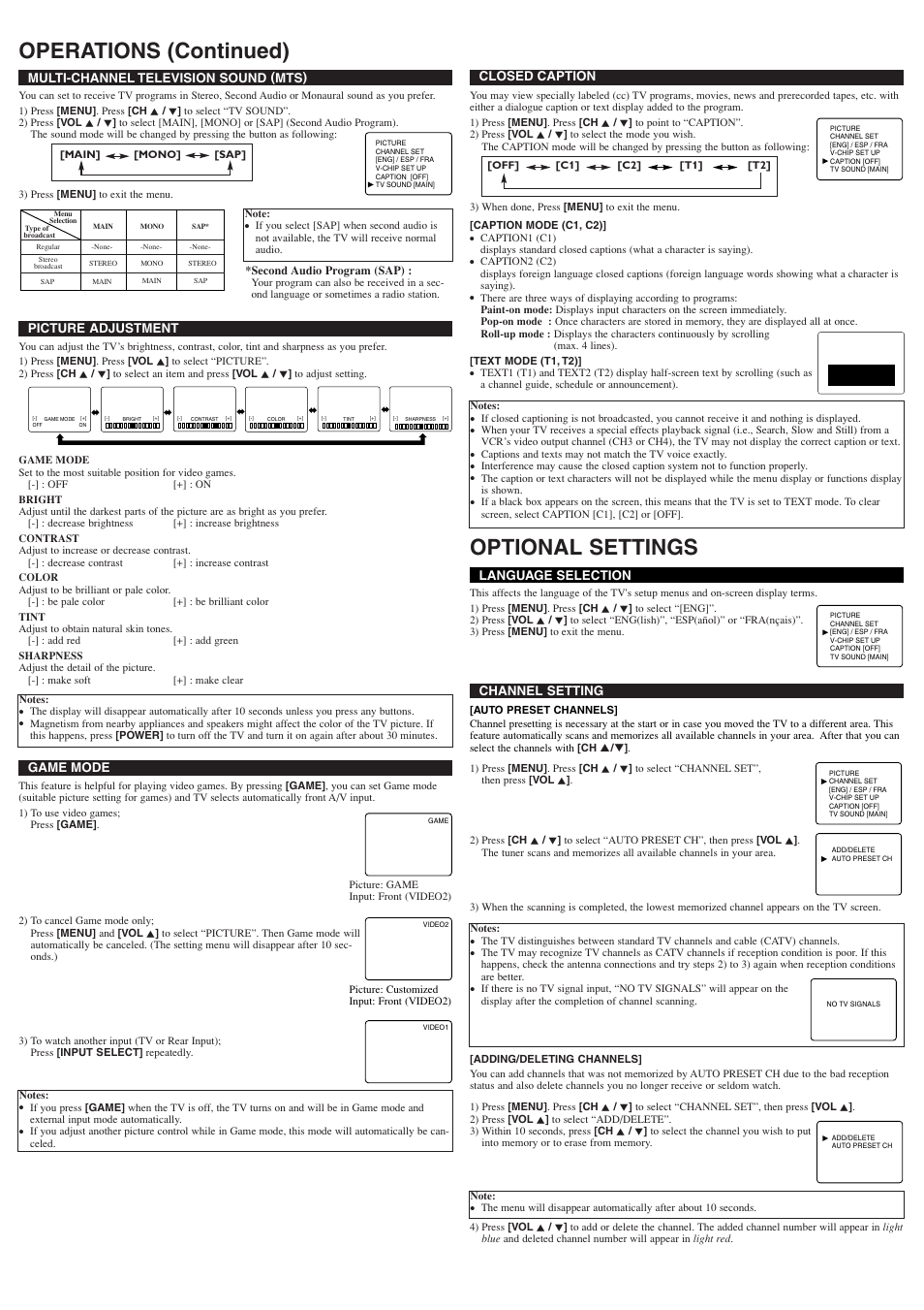 Operations (continued) optional settings, Picture adjustment, Channel setting | Game mode language selection, Closed caption, Multi-channel television sound (mts) | Emerson EWF2006 User Manual | Page 3 / 8