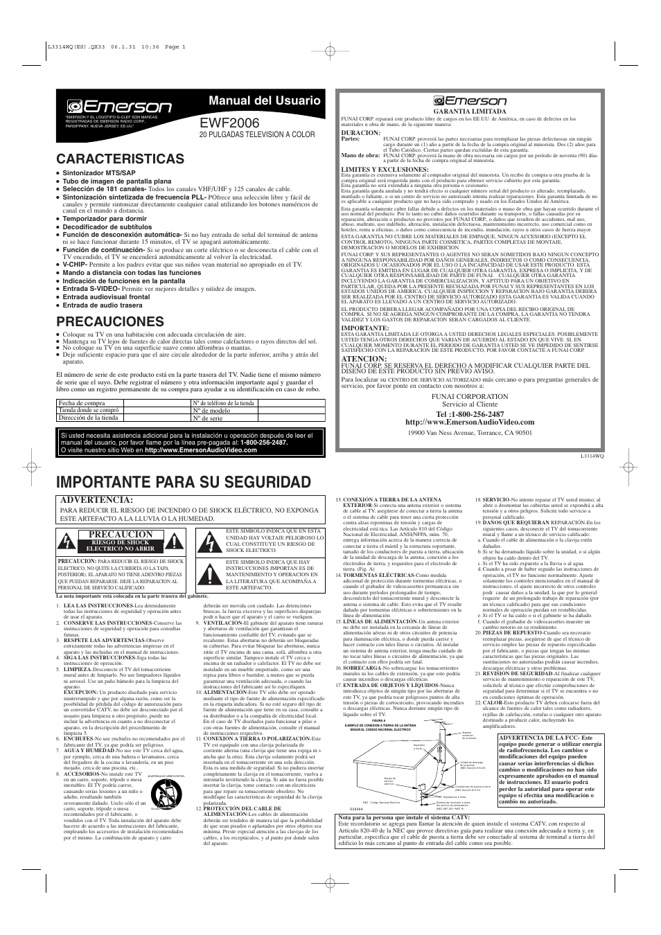 Ewf2006(es)_film_v1.pdf, Importante para su seguridad, Caracteristicas | Ewf2006, Precauciones, Manual del usuario, Advertencia, Precaucion, 20 pulgadas television a color, Atencion | Emerson EWF2006 User Manual | Page 5 / 8