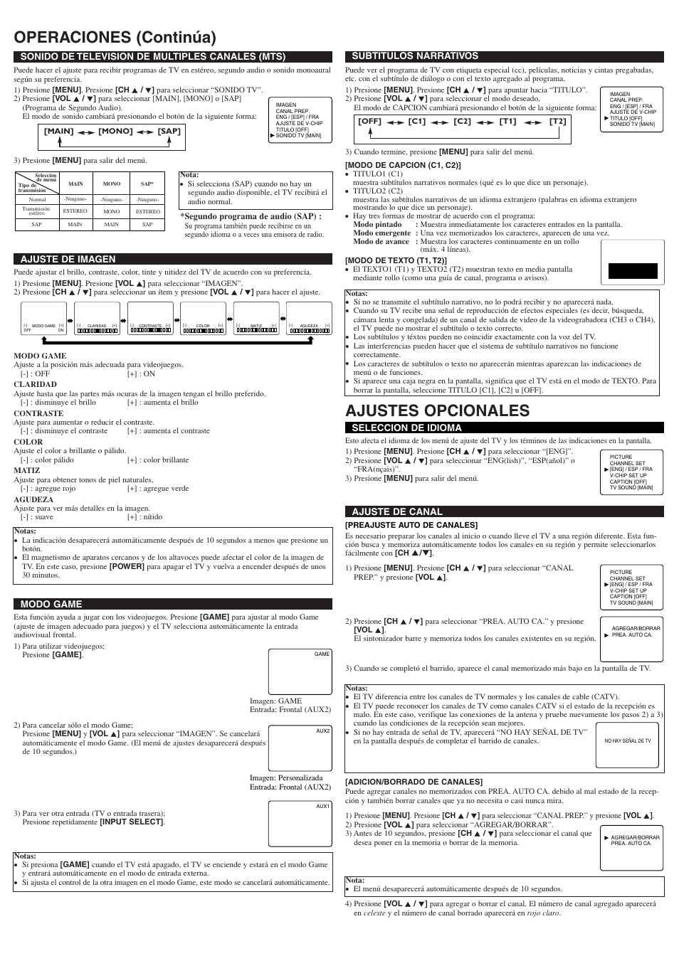 Operaciones (continúa) ajustes opcionales, Ajuste de imagen, Ajuste de canal | Modo game seleccion de idioma, Subtitulos narrativos, Sonido de television de multiples canales (mts) | Emerson EWF2006 User Manual | Page 7 / 8