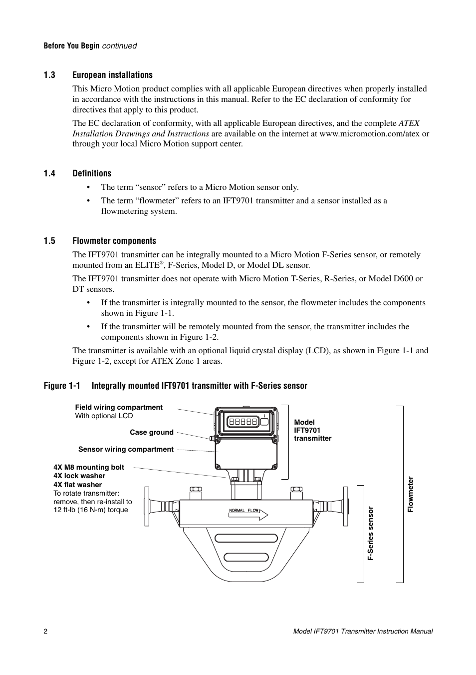 3 european installations, 4 definitions, 5 flowmeter components | European installations, Definitions, Flowmeter components | Emerson IFT9701 User Manual | Page 10 / 90