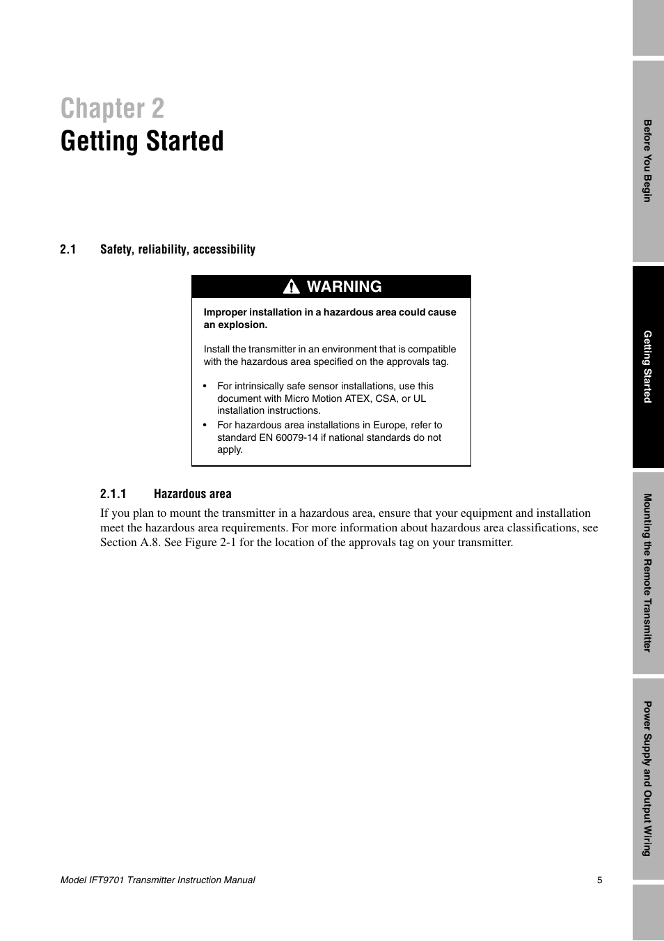 Chapter 2, Getting started, 1 safety, reliability, accessibility | 1 hazardous area, Safety, reliability, accessibility 2.1.1, Hazardous area, Chapter 2 getting started, Warning | Emerson IFT9701 User Manual | Page 13 / 90