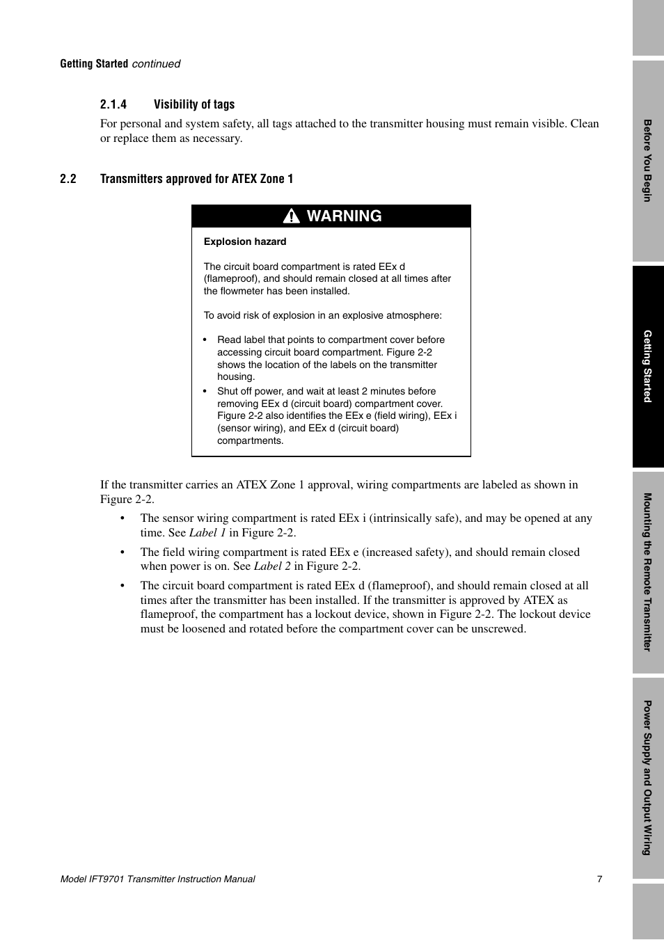4 visibility of tags, 2 transmitters approved for atex zone 1, Visibility of tags | Transmitters approved for atex zone 1, Warning | Emerson IFT9701 User Manual | Page 15 / 90