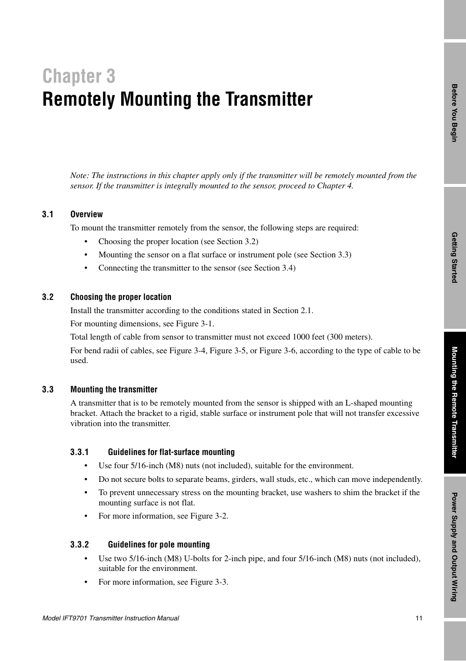 Chapter 3, Remotely mounting the transmitter, 1 overview | 2 choosing the proper location, 3 mounting the transmitter, 1 guidelines for flat-surface mounting, 2 guidelines for pole mounting, Overview, Choosing the proper location, Mounting the transmitter 3.3.1 | Emerson IFT9701 User Manual | Page 19 / 90