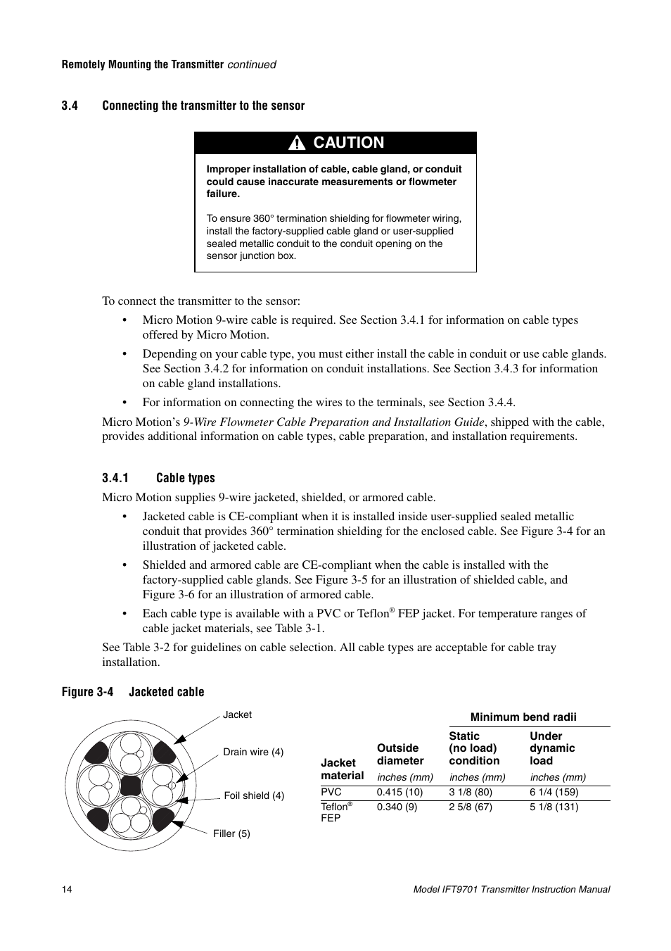 4 connecting the transmitter to the sensor, 1 cable types, Connecting the transmitter to the sensor 3.4.1 | Cable types, Caution | Emerson IFT9701 User Manual | Page 22 / 90