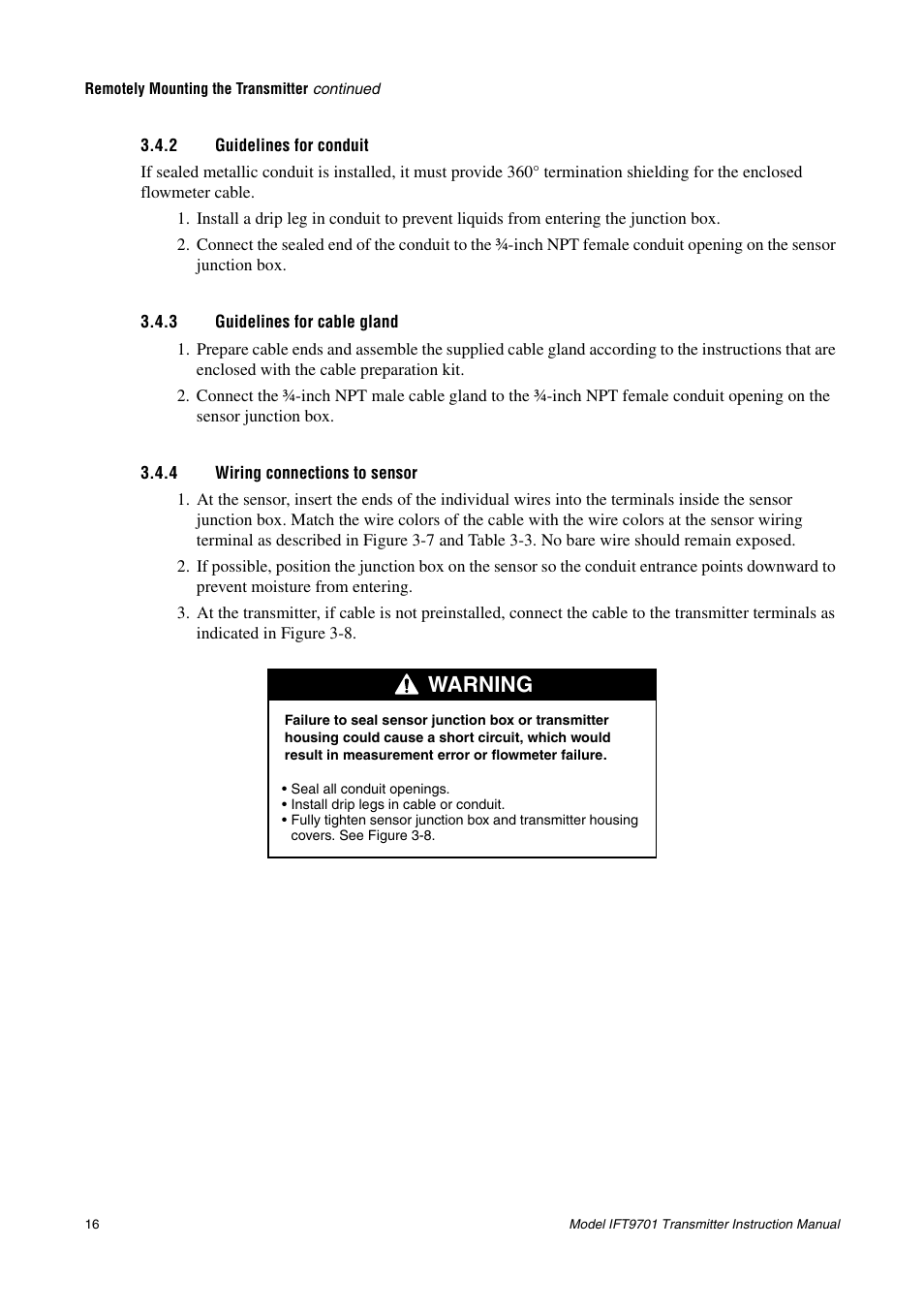 2 guidelines for conduit, 3 guidelines for cable gland, 4 wiring connections to sensor | Guidelines for conduit, Guidelines for cable gland, Wiring connections to sensor, See section 3.4.2 for, Allations. see section 3.4.3 for information, Inals, see section 3.4.4, Warning | Emerson IFT9701 User Manual | Page 24 / 90