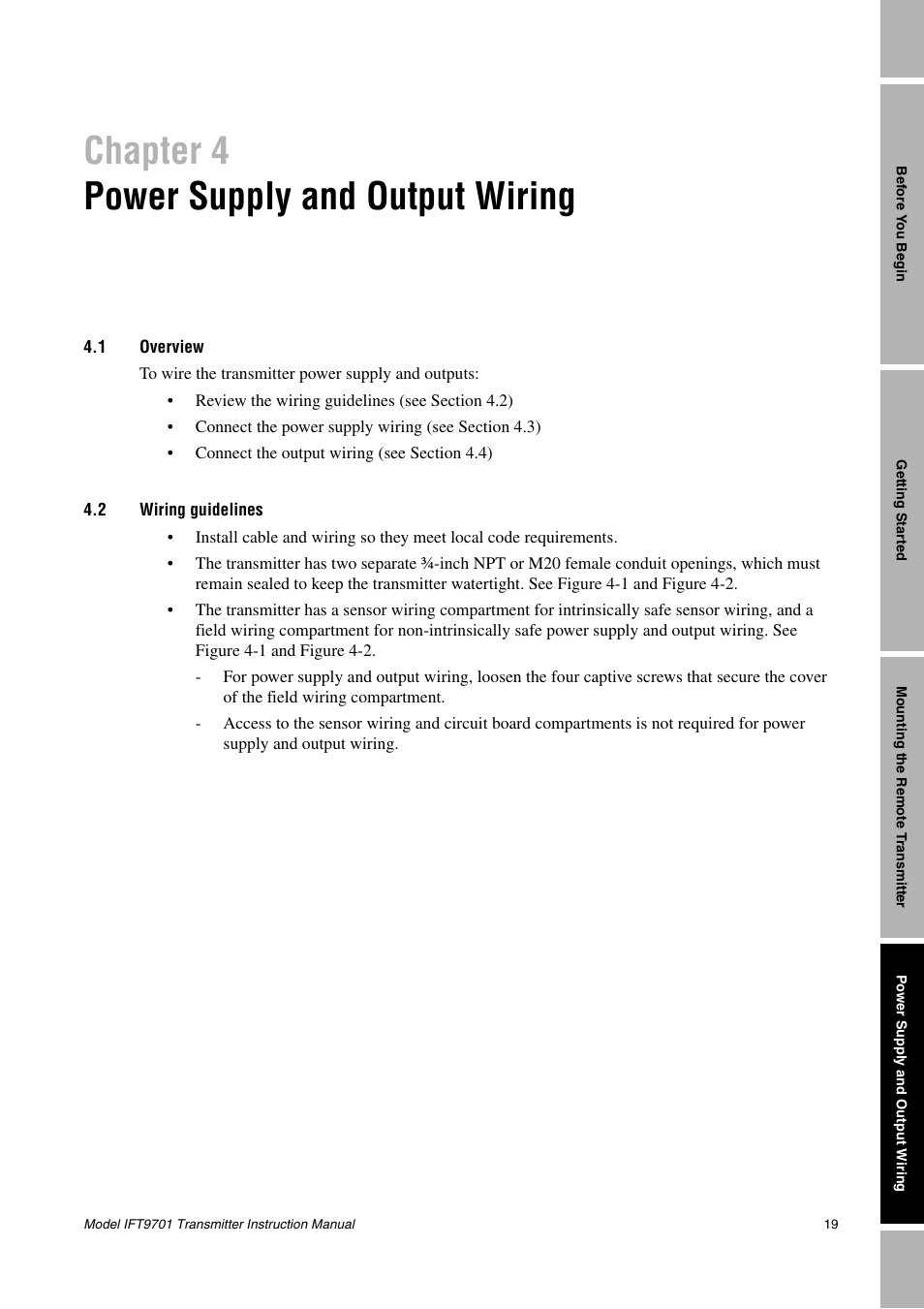 Chapter 4, Power supply and output wiring, 1 overview | 2 wiring guidelines, Overview, Wiring guidelines, Chapter 4 power supply and output wiring | Emerson IFT9701 User Manual | Page 27 / 90