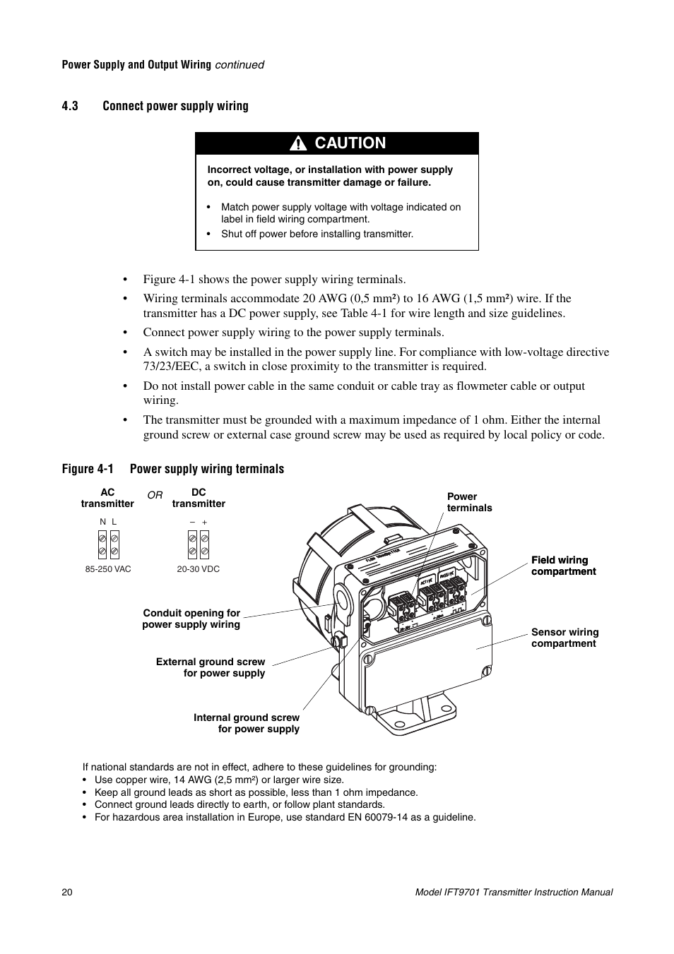 3 connect power supply wiring, Connect power supply wiring, Caution | Emerson IFT9701 User Manual | Page 28 / 90