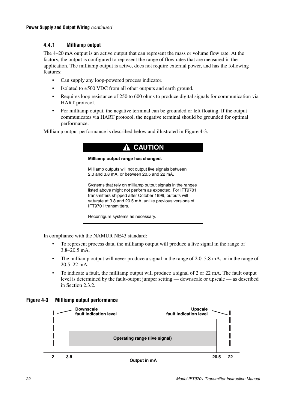 1 milliamp output, Milliamp output, Output wiring, see section 4.4.1 | Caution | Emerson IFT9701 User Manual | Page 30 / 90