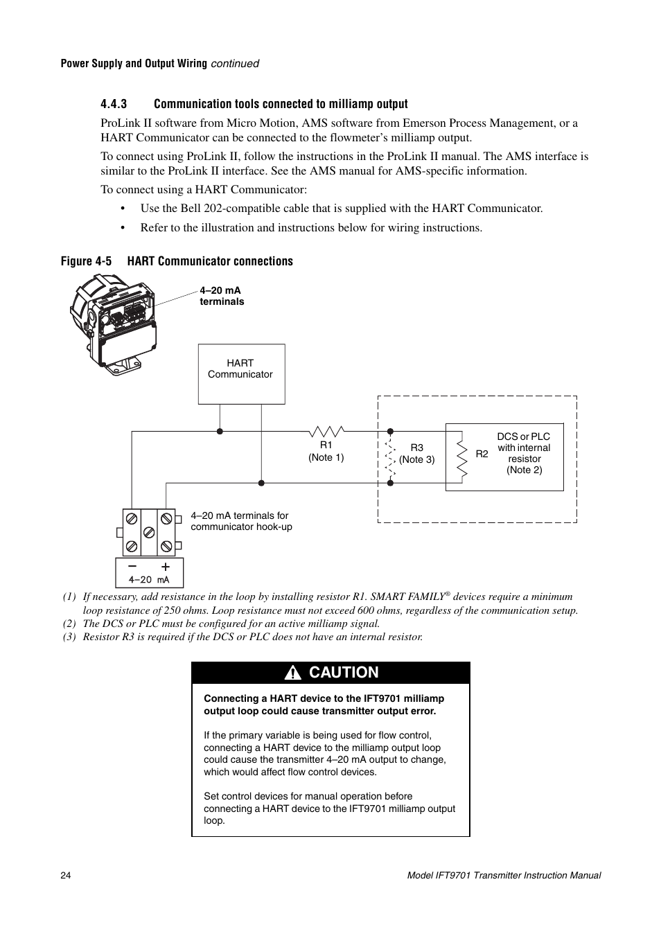 3 communication tools connected to milliamp output, Communication tools connected to milliamp output, The milliamp output, see section 4.4.3 | Caution | Emerson IFT9701 User Manual | Page 32 / 90