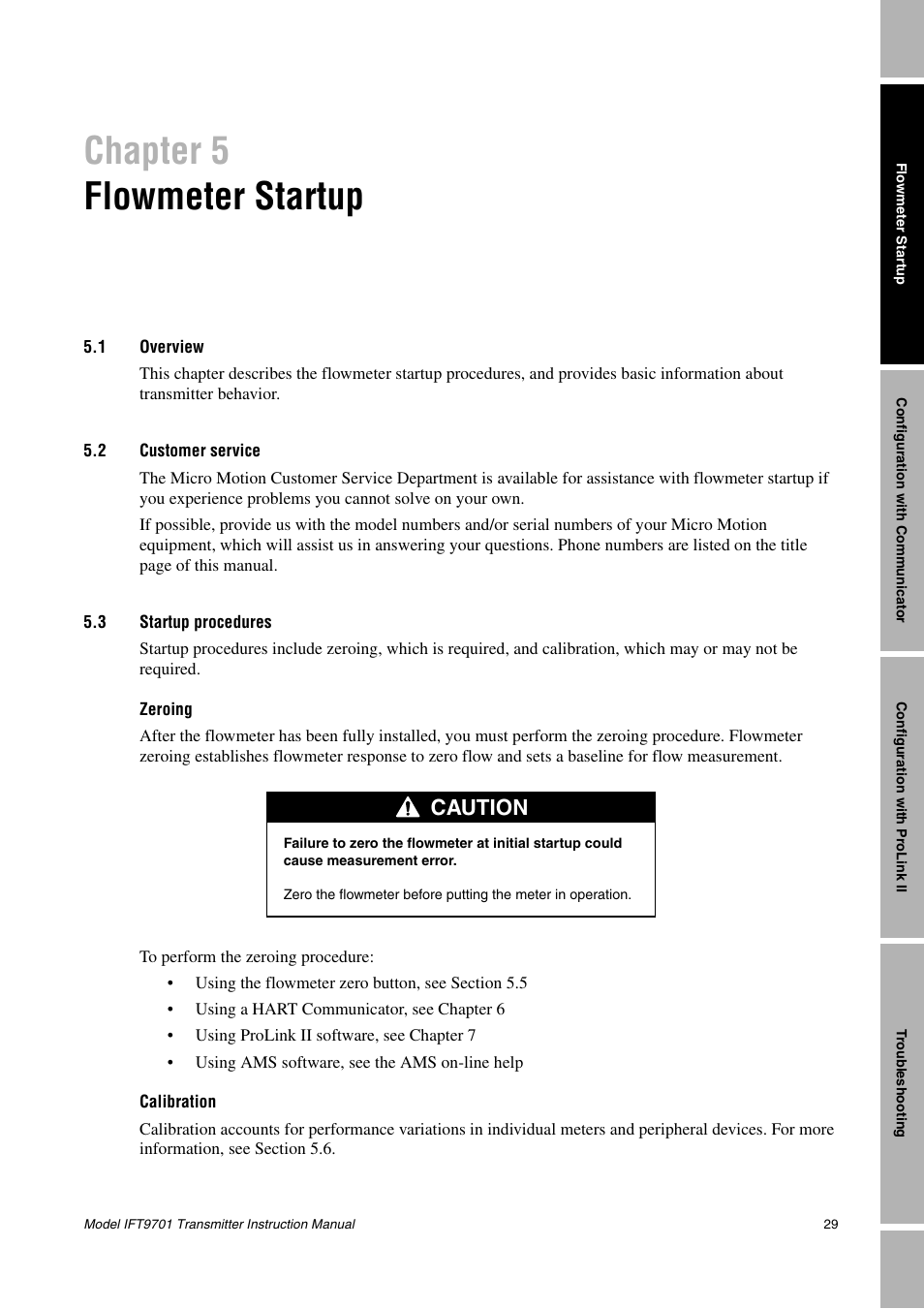 Chapter 5, Flowmeter startup, 1 overview | 2 customer service, 3 startup procedures, Overview, Customer service, Startup procedures, Chapter 5 flowmeter startup, Caution | Emerson IFT9701 User Manual | Page 37 / 90