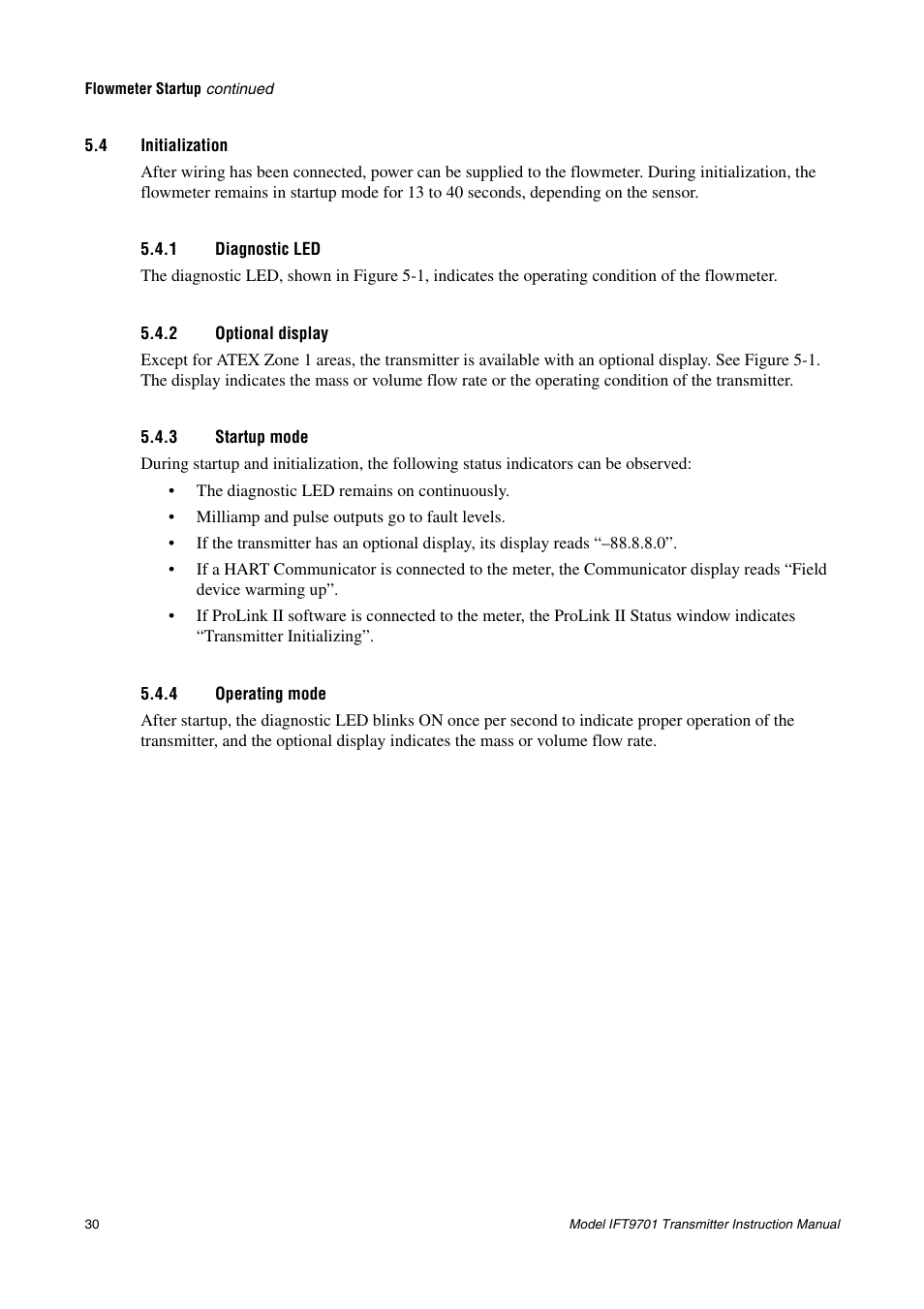 4 initialization, 1 diagnostic led, 2 optional display | 3 startup mode, 4 operating mode, Initialization 5.4.1, Diagnostic led, Optional display, Startup mode, Operating mode | Emerson IFT9701 User Manual | Page 38 / 90