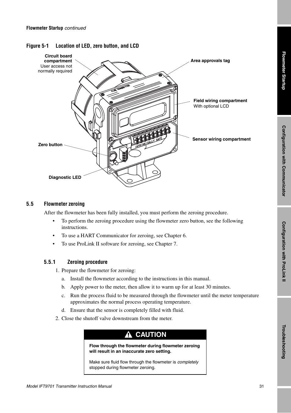 5 flowmeter zeroing, 1 zeroing procedure, Flowmeter zeroing 5.5.1 | Zeroing procedure, Tton, see section 5.5, Caution | Emerson IFT9701 User Manual | Page 39 / 90