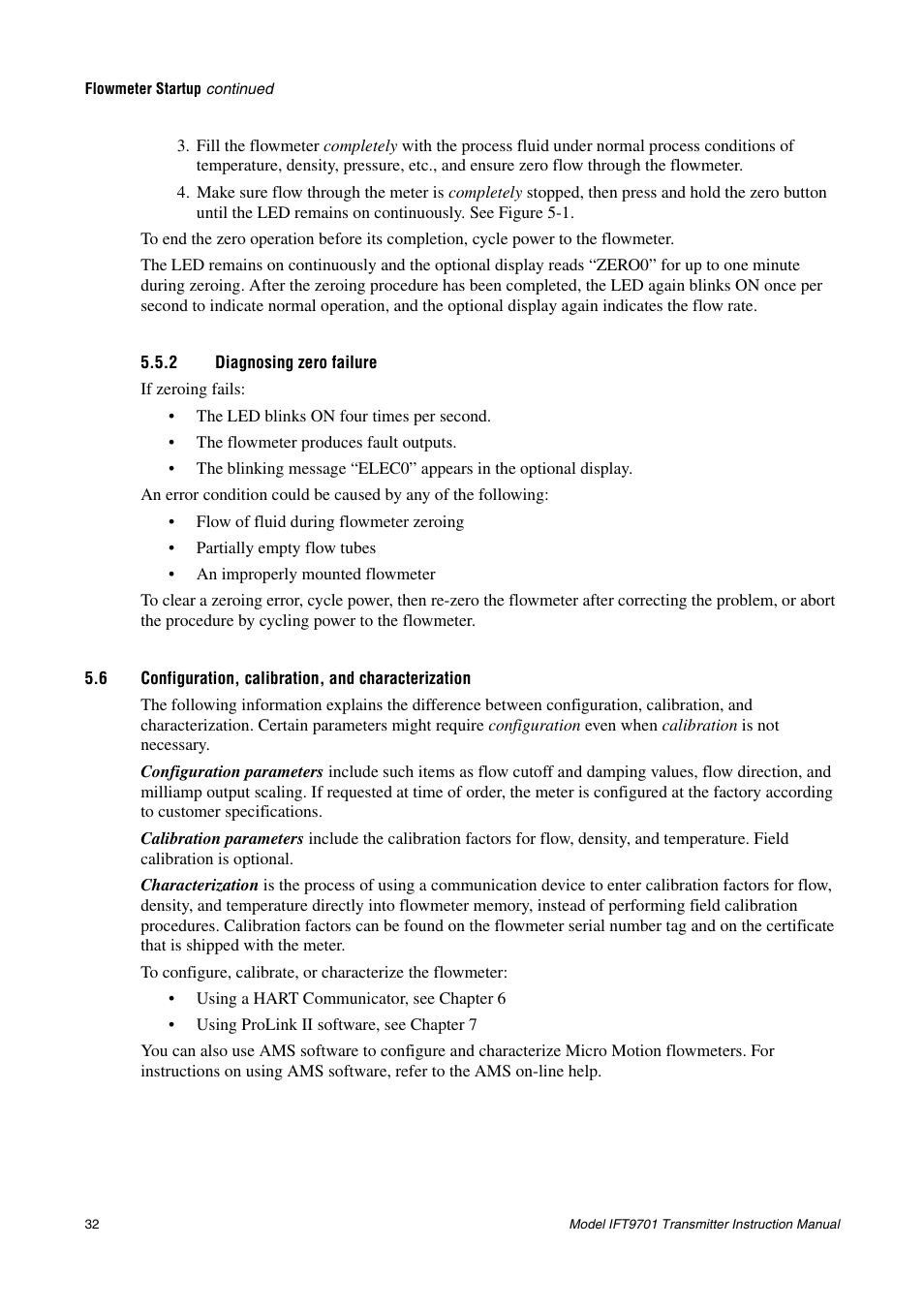 2 diagnosing zero failure, 6 configuration, calibration, and characterization, Diagnosing zero failure | Configuration, calibration, and characterization, Ion, see section 5.6 | Emerson IFT9701 User Manual | Page 40 / 90