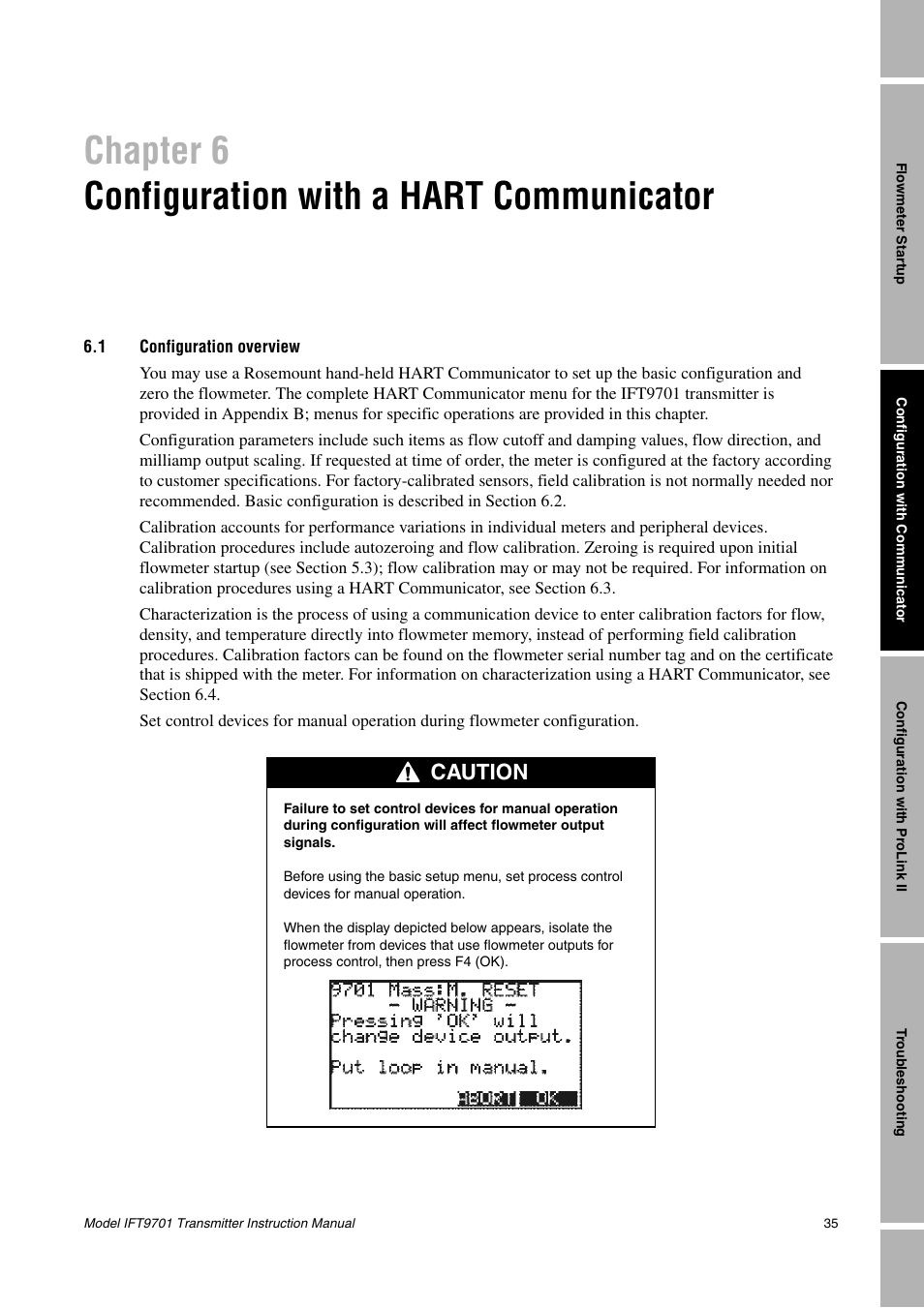 Chapter 6, Configuration with a hart communicator, 1 configuration overview | Configuration overview, Ee chapter 6, Chapter 6 configuration with a hart communicator, Caution | Emerson IFT9701 User Manual | Page 43 / 90