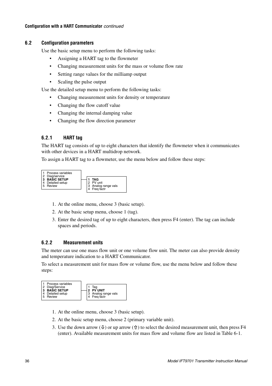 2 configuration parameters, 1 hart tag, 2 measurement units | Configuration parameters 6.2.1, Hart tag, Measurement units, In section 6.2 | Emerson IFT9701 User Manual | Page 44 / 90