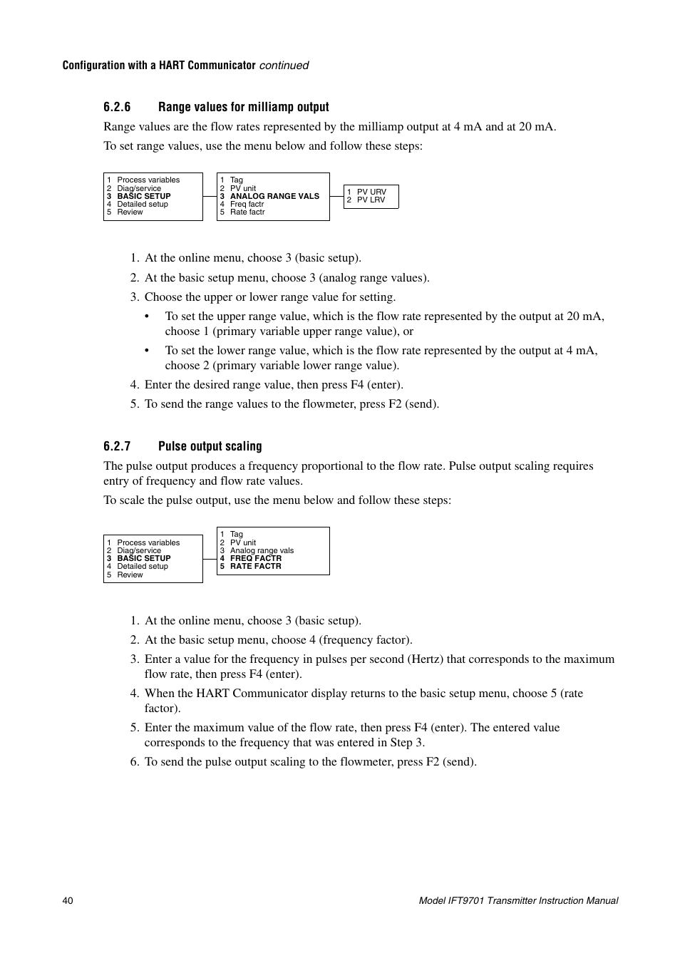 6 range values for milliamp output, 7 pulse output scaling, Range values for milliamp output | Pulse output scaling | Emerson IFT9701 User Manual | Page 48 / 90